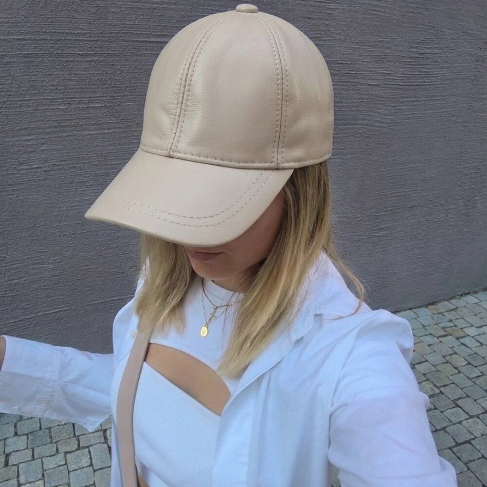 Beige Genuine Leather Cap Leather Baseball Cap Handmade Leather Cap For Women